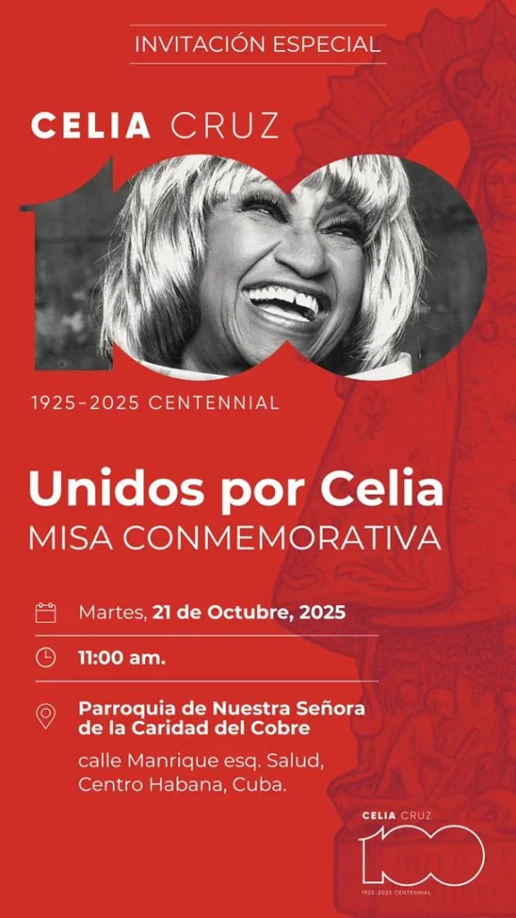 Información sobre la misa conmemorativa por el centenario de Celia Cruz, programada para este martes (Cartel: Cortesía de Omer Pardillo Cid)