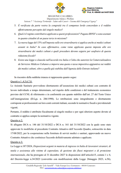 Captura de la respuesta oficial del Departamento de Salud y Bienestar de la región de Calabria.