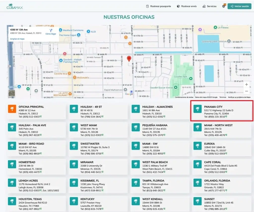 Hasta este martes, Cubamax reconocía en su web que el local de Panama City era una de sus oficinas (Captura de pantalla realizada por CubaNet)