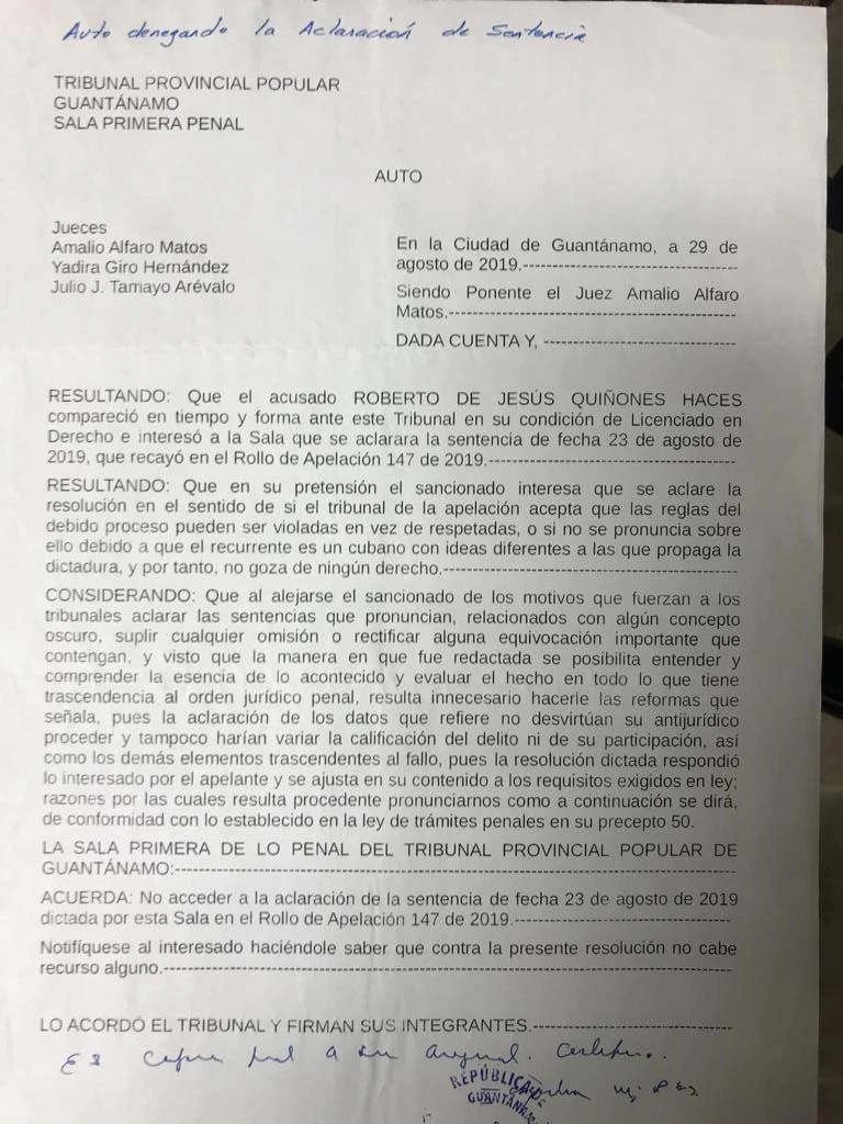 Carta enviada a ‘CubaNet’ por el periodista Roberto Quiñones Haces en 2023 (Archivo)