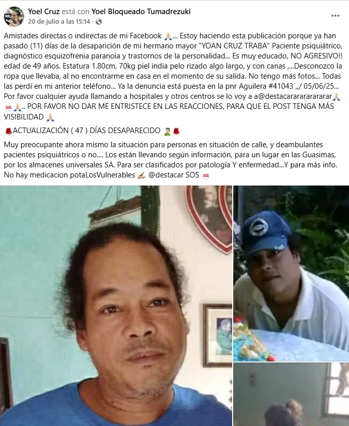 Publicación de Yoel Cruz en Facebook del 20 d ejulio (Captura de pantalla)